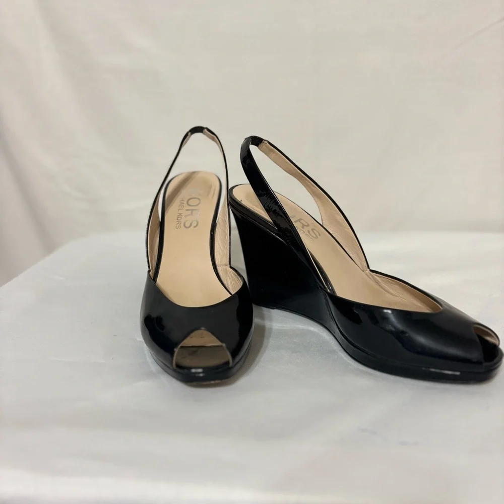 KORS Michael Kors Vivian patent leather peep toe slingback wedge heels